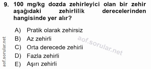 9. soru: 100 mg/kg dozda zehirleyici olan bir zehir aşağıdaki zehirlilik derecelerinden hangisinde yer alır? A) Pratik olarak…