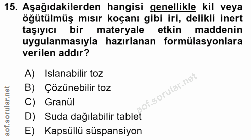 15. soru: Aşağıdakilerden hangisi genellikle kil veya öğütülmüş mısır koçanı gibi iri, delikli inert taşıyıcı bir materyale etk…