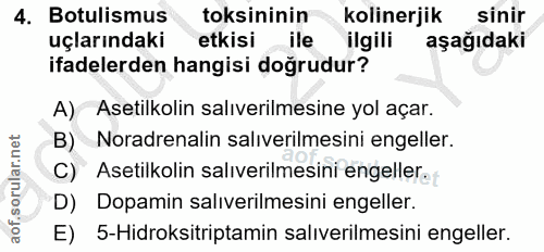4. soru: Botulismus toksininin kolinerjik sinir uçlarındaki etkisi ile ilgili aşağıdaki ifadelerden hangisi doğrudur? A) Aseti…