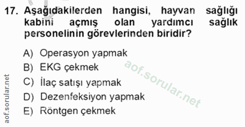 17. soru: Aşağıdakilerden hangisi, hayvan saglığı kabini aç mış olan yardımcı sağlık personelinin görevlerinden biridir? A) Ope…