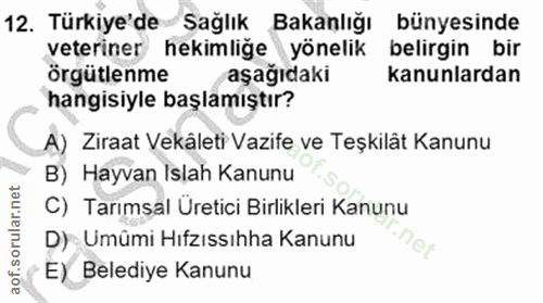 12. soru: Türkiye'de Sağlık Bakanlığı bünyesinde veteriner hekimliğe yönelik belirgin bir örgütlenme aşağıdaki kanunlardan hang…