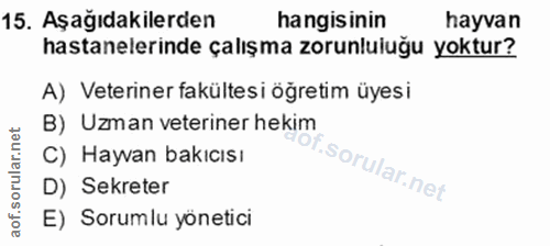 15. soru: Aşağıdakilerden hangisinin hayvan hastanelerinde çalışma zorunluluğu yoktur? A) Veteriner fakültesi öğretim üyesi B)…