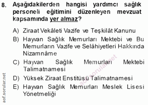 8. soru: Aşağıdakilerden hangisi yardımcı sağlık personeli eğitimini düzenleyen mevzuat kapsamında yer almaz? A) Ziraat Vekâle…
