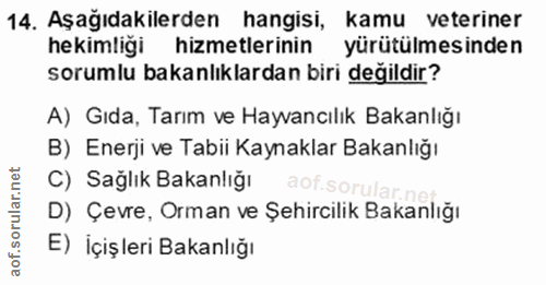14. soru: Aşağıdakilerden hangisi, kamu veteriner hekimliği hizmetlerinin yürütülmesinden sorumlu bakanlıklardan biri degildir?…