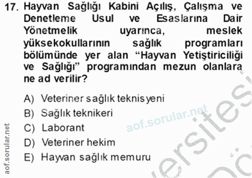 17. soru: Hayvan Sağlığı Kabini Açılış, Çalışma ve Denetleme Usul ve Esaslarina Dair Yönetmelik uyarınca, meslek yüksekokulları…
