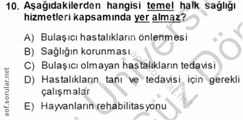 10. soru: Aşağıdakilerden hangisi temel halk sağlığı hizmetleri kapsamında yer almaz? A) Bulaşıcı hastalıkların önlenmesi B) Sa…