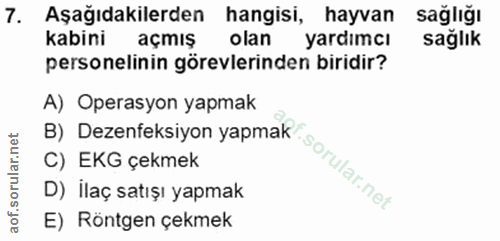 7. soru: Aşağıdakilerden hangisi, hayvan sağlığı kabini açmiş olan yardımcı sağlık personelinin görevlerinden biridir? A) Oper…