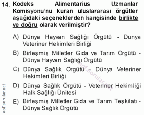 14. soru: Kodeks Alimentarius Uzmanlar Komisyonu'nu kuran uluslararası örgütler aşağıdaki seçeneklerden hangisinde birlikte ve…