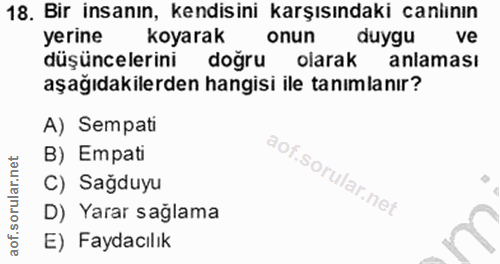18. soru: Bir insanın, kendisini karşısındaki canlının yerine koyarak onun duygu ve düşüncelerini doğru olarak anlaması aşağıda…