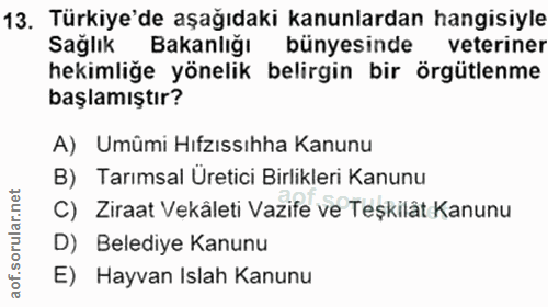 13. soru: Türkiye'de aşağıdaki kanunlardan hangisiyle Sağlık Bakanlığı bünyesinde veteriner hekimliğe yönelik belirgin bir örgü…