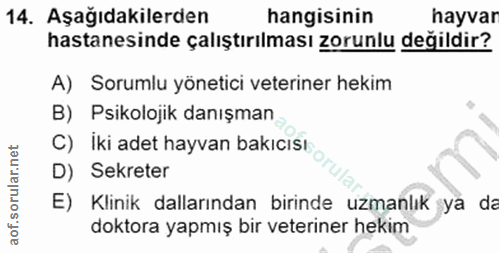 14. soru: Aşağıdakilerden hangisinin hayvar hastanesinde çalıştırılması zorunlu değildir? A) Sorumlu yönetici veteriner hekim B…