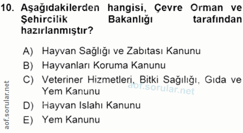 10. soru: Aşağıdakilerden hangisi, Çevre Orman ve Şehircilik Bakanlığı tarafindan hazırlanmıştır? A) Hayvan Sağlığı ve Zabıtası…
