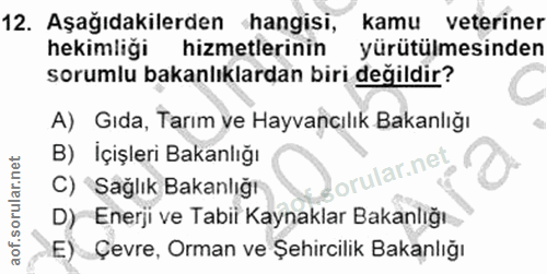 12. soru: Aşağıdakilerden hangisi, kamu veteriner hekimliği hizmetlerinin yürütülmesinden sorumlu bakanlıklardan biri değildir?…