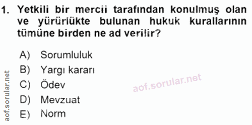 1. soru: Yetkili bir mercii tarafından konulmuş olan ve yürürlükte bulunan hukuk kurallarının tümüne birden ne ad verilir? A)…