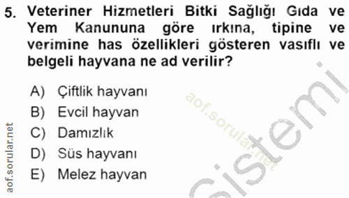 5. soru: Veteriner Hizmetleri Bitki Sağlığı Gıda ve Yem Kanununa göre ırkına, tipine ve verimine has özellikleri gösteren vası…