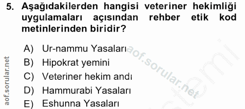 5. soru: Aşağıdakilerden hangisi veteriner hekimliği uygulamaları açısından rehber etik kod metinlerinden biridir? A) Ur-nammu…