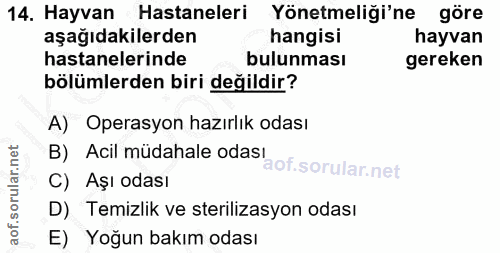 14. soru: Hayvan Hastaneleri Yönetmeliği'ne göre aşağıdakilerden hangisi hayvan hastanelerinde bulunması gereken bölümlerden bi…