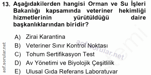13. soru: Aşağıdakilerden hangisi Orman ve Su İşleri Bakanlığı kapsamında veteriner hekimliği hizmetlerinin yürütüldüğü daire b…