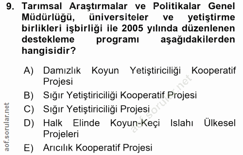 9. soru: Tarımsal Araştırmalar ve Politikalar Genel Müdürlüğü, üniversiteler ve yetiştirme birlikleri işbirliği ile 2005 yılın…