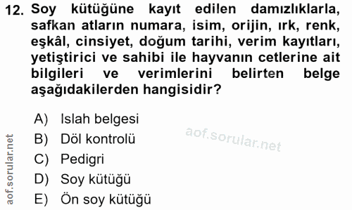 12. soru: Soy kütüğüne kayıt edilen damızlıklarla, safkan atların numara, isim, orijin, irk, renk, eşkâl, cinsiyet, doğum tarih…