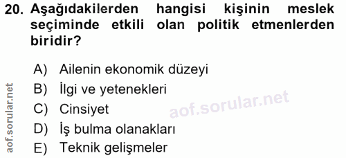20. soru: Aşağıdakilerden hangisi kişinin meslek seçiminde etkili olan politik etmenlerden biridir? A) Ailenin ekonomik düzeyi…