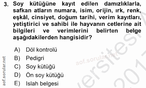 3. soru: Soy kütüğüne kayıt edilen damızlıklarla, safkan atların numara, isim, orijin, irk, renk, eşkâl, cinsiyet, doğum tarih…