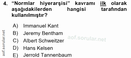 4. soru: "Normlar hiyerarşisi" kavramı ilk olarak aşağıdakilerden hangisi tarafindan kullanılmıştır? A) Immanuel Kant B) Jerem…