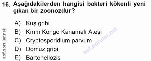 16. soru: Aşağıdakilerden hangisi bakteri kökenli yeni çıkan bir zoonozdur? A) Kuş gribi B) Kırım Kongo Kanamalı Ateşi llar.net…