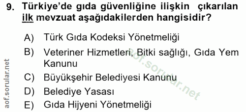 9. soru: Türkiye'de gıda güvenliğine ilişkin çıkarılan ilk mevzuat aşağıdakilerden hangisidir? A) Türk Gıda Kodeksi Yönetmeliğ…