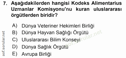 7. soru: Aşağıdakilerden hangisi Kodeks Alimentarius Uzmanlar Komisyonu'nu kuran uluslararası Örgütlerden biridir? A) Dünya Ve…