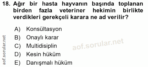18. soru: Ağır bir hasta hayvanın başında toplanan birden fazla veteriner hekimin birlikte verdikleri gerekçeli karara ne ad ve…