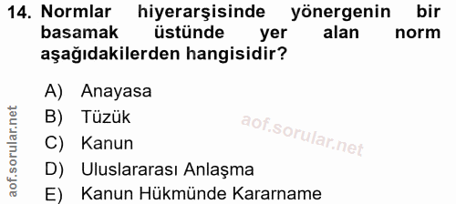 14. soru: Normlar hiyerarşisinde yönergenin bir basamak üstünde yer alan norm aşağıdakilerden hangisidir? A) Anayasa B) Tüzük C…