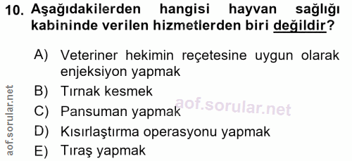 10. soru: Aşağıdakilerden hangisi hayvan sağlığı kabininde verilen hizmetlerden biri değildir? A) Veteriner hekimin reçetesine…