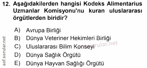12. soru: Aşağıdakilerden hangisi Kodeks Alimentarius Uzmanlar Komisyonu'nu kuran uluslararası örgütlerden biridir? A) Avrupa B…
