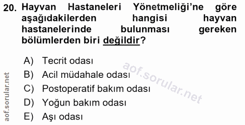 20. soru: Hayvan Hastaneleri Yönetmeliği'ne göre aşağıdakilerden hangisi hayvan hastanelerinde bulunması gereken bölümlerden bi…