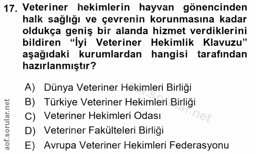17. soru: Veteriner hekimlerin hayvan gönencinden halk sağlığı ve çevrenin korunmasına kadar oldukça geniş bir alanda hizmet ve…