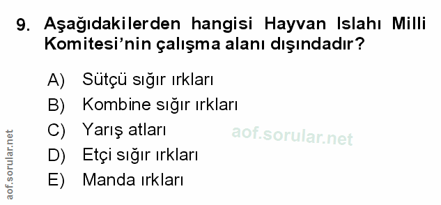 9. soru: Aşağıdakilerden hangisi Hayvan Islahı Milli Komitesi'nin çalışma alanı dışındadır? A) Sütçü sığır ırkları B) Kombine…