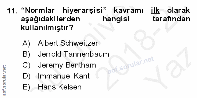 11. soru: "Normlar hiyerarşisi" kavramı ilk olarak aşağıdakilerden hangisi tarafından kullanılmıştır? A) Albert Schweitzer B) J…