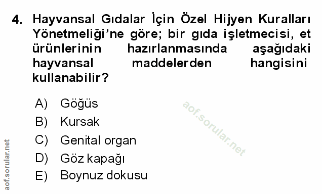 4. soru: Hayvansal Gıdalar İçin Özel Hijyen Kuralları Yönetmeliği'ne göre; bir gıda işletmecisi, et ürünlerinin hazırlanmasınd…