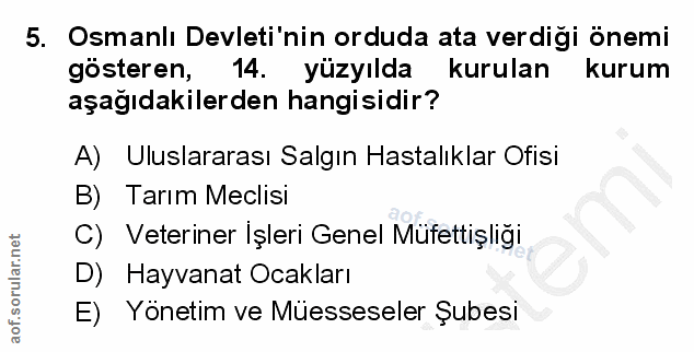 5. soru: Osmanlı Devleti'nin orduda ata verdiği önemi gösteren, 14. yüzyılda kurulan kurum aşağıdakilerden hangisidir? A) Ulus…