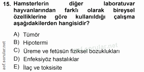 15. soru: Hamsterlerin diğer laboratuvar hayvanlarından farklı olarak bireysel özelliklerine göre kullanıldığı çalışma aşağıdak…