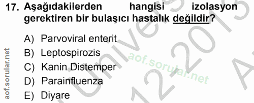 17. soru: Aşağıdakilerden hangisi izolasyon gerektiren bir bulaşıcı hastalık değildir? A) Parvoviral enterit B) Leptospirozis a…