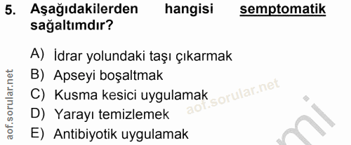 5. soru: Aşağıdakilerden hangisi semptomatik sağaltımdır? A) İdrar yolundaki taşı çıkarmak B) Apseyi boşaltmak C) Kusma kesici…