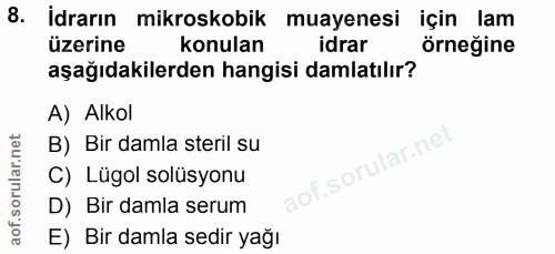 8. soru: İdrarın mikroskobik muayenesi için lam üzerine konulan idrar örneğine aşağıdakilerden hangisi damlatılır? A) Alkol B)…