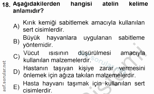18. soru: Aşağıdakilerden hangisi atelin kelime anlamıdır? A) Kırık kemiği sabitlemek amacıyla kullanılan sert cisimlerdir. B)…