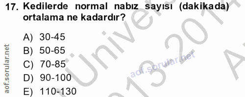 17. soru: Kedilerde normal nabız sayısı (dakikada) ortalama ne kadardır? A) 30-45 B) 50-65 C) 70-85 Y D) 90-100 adi E) 110-130