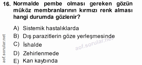 16. soru: Normalde pembe olması gereken gözün müköz membranlarının kırmızı renk alması hangi durumda gözlenir? A) Sistemik hast…