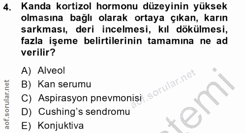 4. soru: Kanda kortizol hormonu düzeyinin yüksek olmasına bağlı olarak ortaya çıkan, karın sarkması, deri incelmesi, kıl dökül…