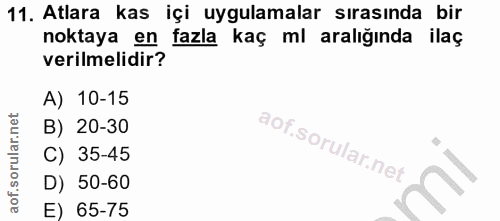 11. soru: Atlara kas içi uygulamalar sırasında bir noktaya en fazla kaç ml aralığında ilaç verilmelidir? A) 10-15 B) 20-30 C) 3…