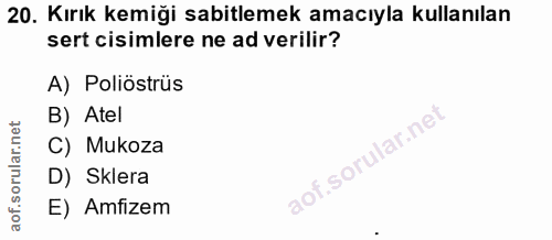 20. soru: Kırık kemiği sabitlemek amacıyla kullanılan sert cisimlere ne ad verilir? A) Poliöstrüs B) Atel C) Mukoza D) Sklera E…